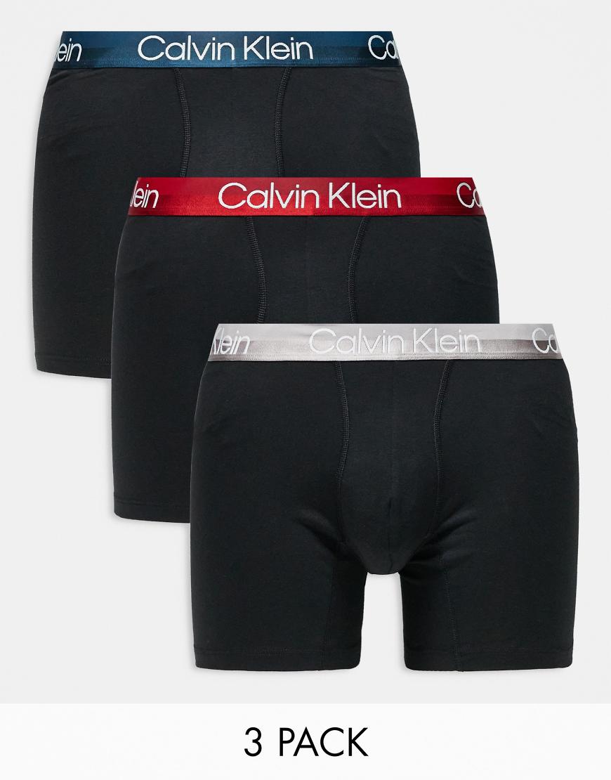 Calvin Klein - Modern Structure - 3er-Pack eng geschnittene Boxershorts in Schwarz mit marineblauem/rotem/silbernem Bund von Calvin Klein