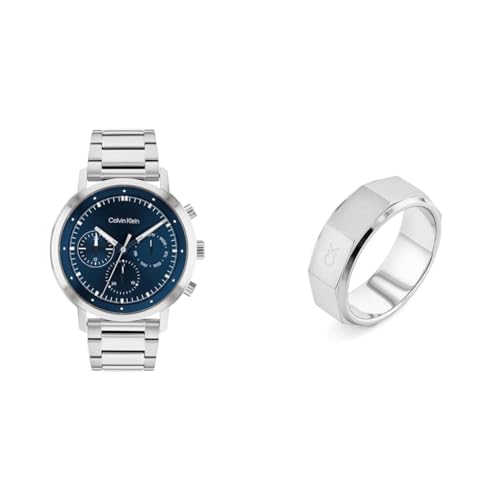 Calvin Klein Multi Zifferblatt Quarz Uhr für Herren mit Silbernes Edelstahlarmband - 25200063 Ring für Herren Kollektion Latch - 35000316G von Calvin Klein