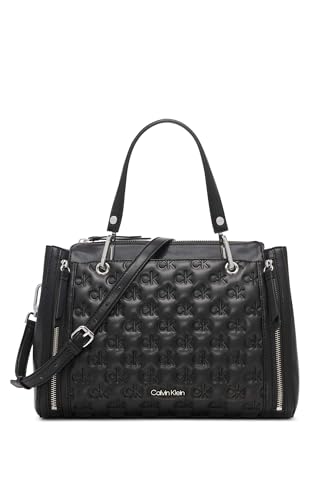 Calvin Klein Reyna Novelty Satchel, Caramel Combo, Einheitsgröße, Schwarz/Silber Puffy Logo, Einheitsgröße von Calvin Klein