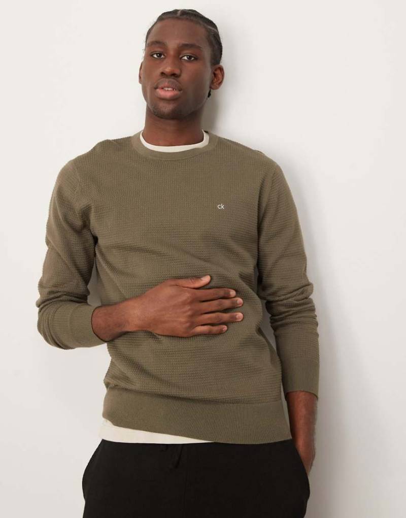Calvin Klein - Strickpullover in Olivgrün mit Waffelstruktur von Calvin Klein