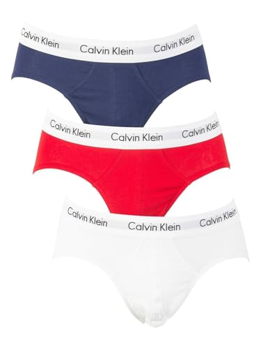 Calvin Klein Herren 3er Pack Hip Briefs Unterhosen Baumwolle mit Stretch, Mehrfarbig (White/Red Ginger/Pyro Blue), S von Calvin Klein