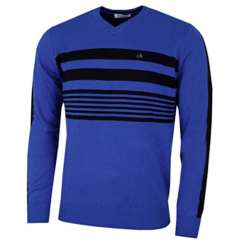 Calvin Klein V-Ausschnitt Streifen auf der Brust Sweater - Roy/Schwarz - M von Calvin Klein