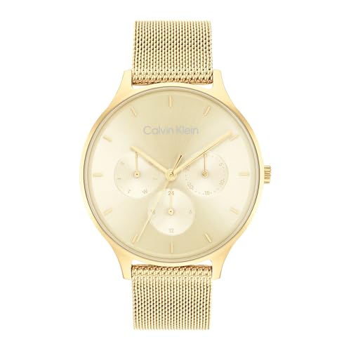 Calvin Klein Multi Zifferblatt Quarz Uhr für Damen Kollektion Timeless MESH MF mit Goldfarben Edelstahl-Mesh-Gliederarmband - 25200103 von Calvin Klein