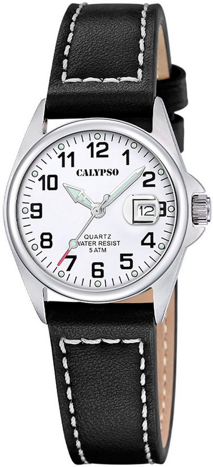 Calypso Quarzuhr Basic Damenuhr K5871-1 Weiss Lederband Schwarz 29,7 mm von Calypso