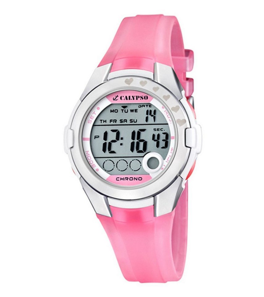 Calypso Quarzuhr Digital Damenuhr K5571-2 Weiss Kunststoffband Rosa 38 mm von Calypso