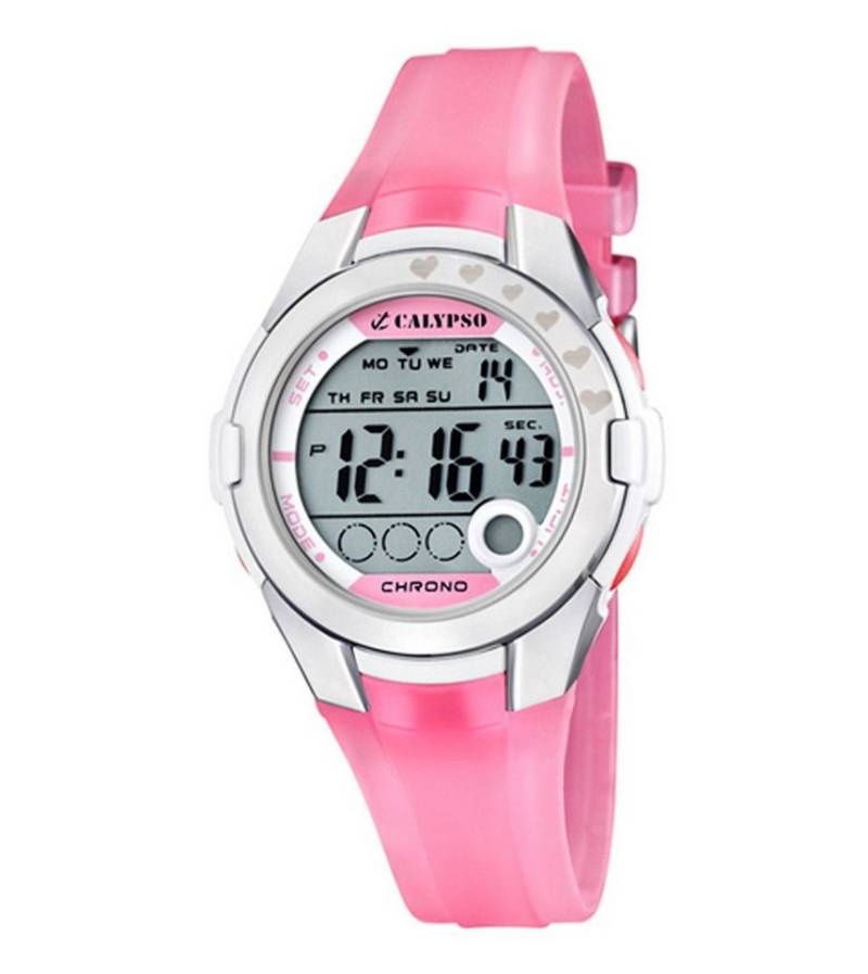 Calypso Quarzuhr Digital Damenuhr K5571-2 Weiss Kunststoffband Rosa 38 mm von Calypso