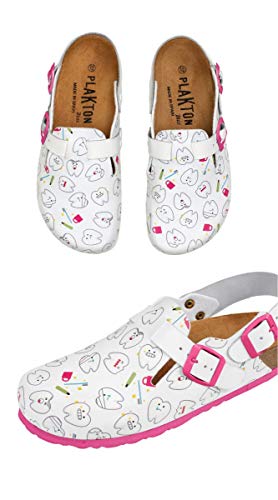 CALZAME Zähne. Pflegeleichte Damen Clog mit Zahndruck., weiß, 36 EU von CALZAME