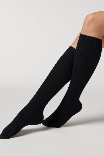 Lange Gerippte Damensocken Mit Wolle Und Cashmere Blau von Calzedonia