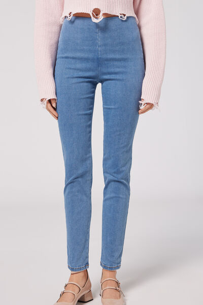 Skinny Leggings Aus Denim Mit Hohem Bund Hellblau von Calzedonia