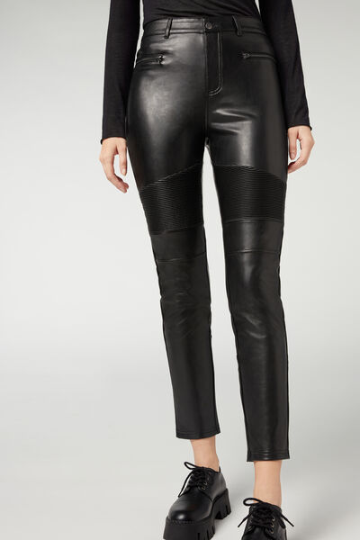 Thermo Skinny Biker-leggings In Lederoptik Schwarz von Calzedonia