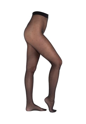 Camano Damen Strumpfhose Punkt Muster Langlebig Verstärkt Elegant Dots Design Soft Kein Einschneiden Strapazierfähig dots 1er Pack S black silver von Camano