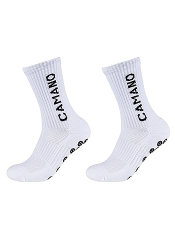 Camano Unisex Sportsocken mit Grip Extrastark Anti Rutsch Fußballsocken Tennissocken Schweißabsorbierend Perfekter Sitz Coolmax Netzbelüftung verstärktem Fersen- und Zehenbereich 2er Pack 39/42 white von Camano