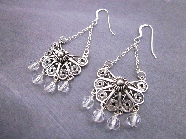 Antike Sterling Ohrringe, Damen Klare Swarovski Perlen Silber Filigran & Kristall Funkelnde Klare Schmuck Antike Sterling Ohrringe, Damen Klare Swarovski Perlen Silber Filigran & Kristall Funkelnde Klare Schmuck von CambaJewelry