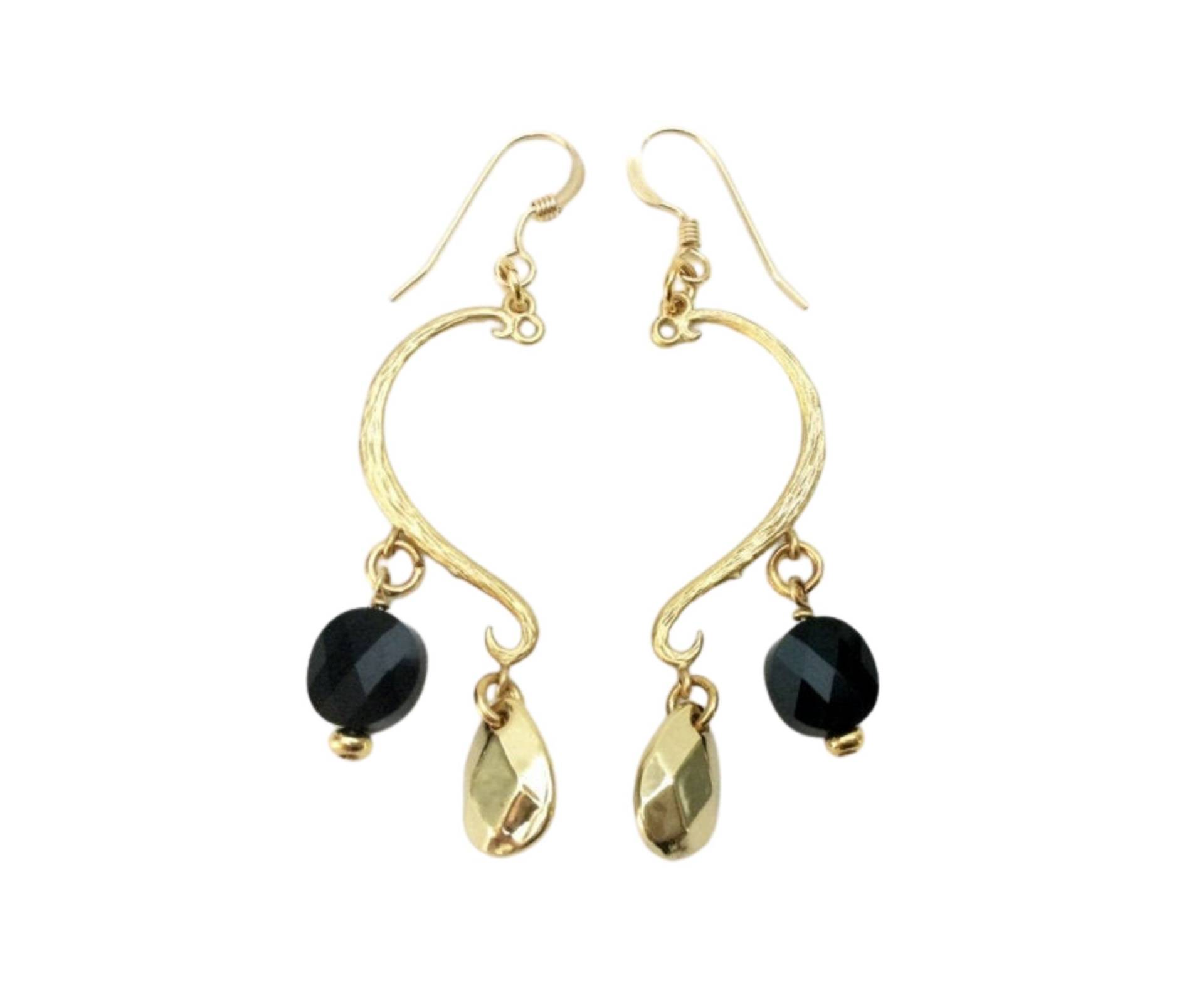 Schwarz & Gold Perlen Ohrringe, Damen Cz Schmuck, Einzigartige Und Curvy Tropfen Ohrringe von CambaJewelry