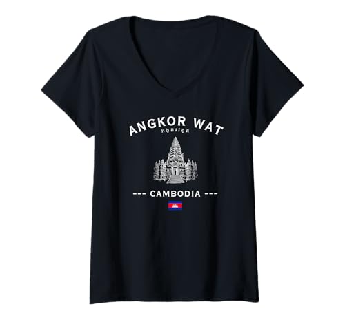 Damen Angkor Wat Kambodscha Tempel Khmer Flagge Souvenir T-Shirt mit V-Ausschnitt von Cambodia Angkor War Souvenir Shop