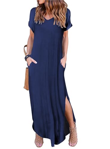 Camdoria Damen Casual Lose Sommerkleid Kurzarm V-Ausschnitt Langes Kleid Split Maxi Sommer Strandkleid mit Taschen, Blau dunkel, Groß von Camdoria