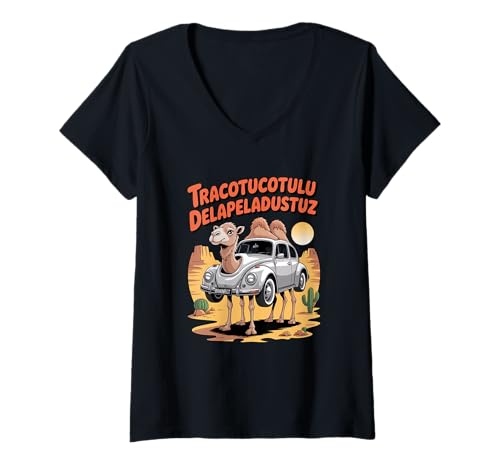 Damen Tracotucotulu Delapeladustuz Italienisches Brainrot-Meme T-Shirt mit V-Ausschnitt Damen Tracotucotulu Delapeladustuz Italienisches Brainrot-Meme T-Shirt mit V-Ausschnitt von Camel Car Meme