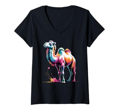 Damen Camel Poster Stil Bunte Farbspritzer Kunst Grafik T-Shirt mit V-Ausschnitt Damen Camel Poster Stil Bunte Farbspritzer Kunst Grafik T-Shirt mit V-Ausschnitt von Camel Lover Apparel & Arts