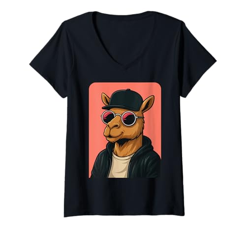 Damen Kamel trägt Sonnenbrille Herren Damen Grafik Camel T-Shirt mit V-Ausschnitt von Camel Wearing Sunglasses Animal Lover