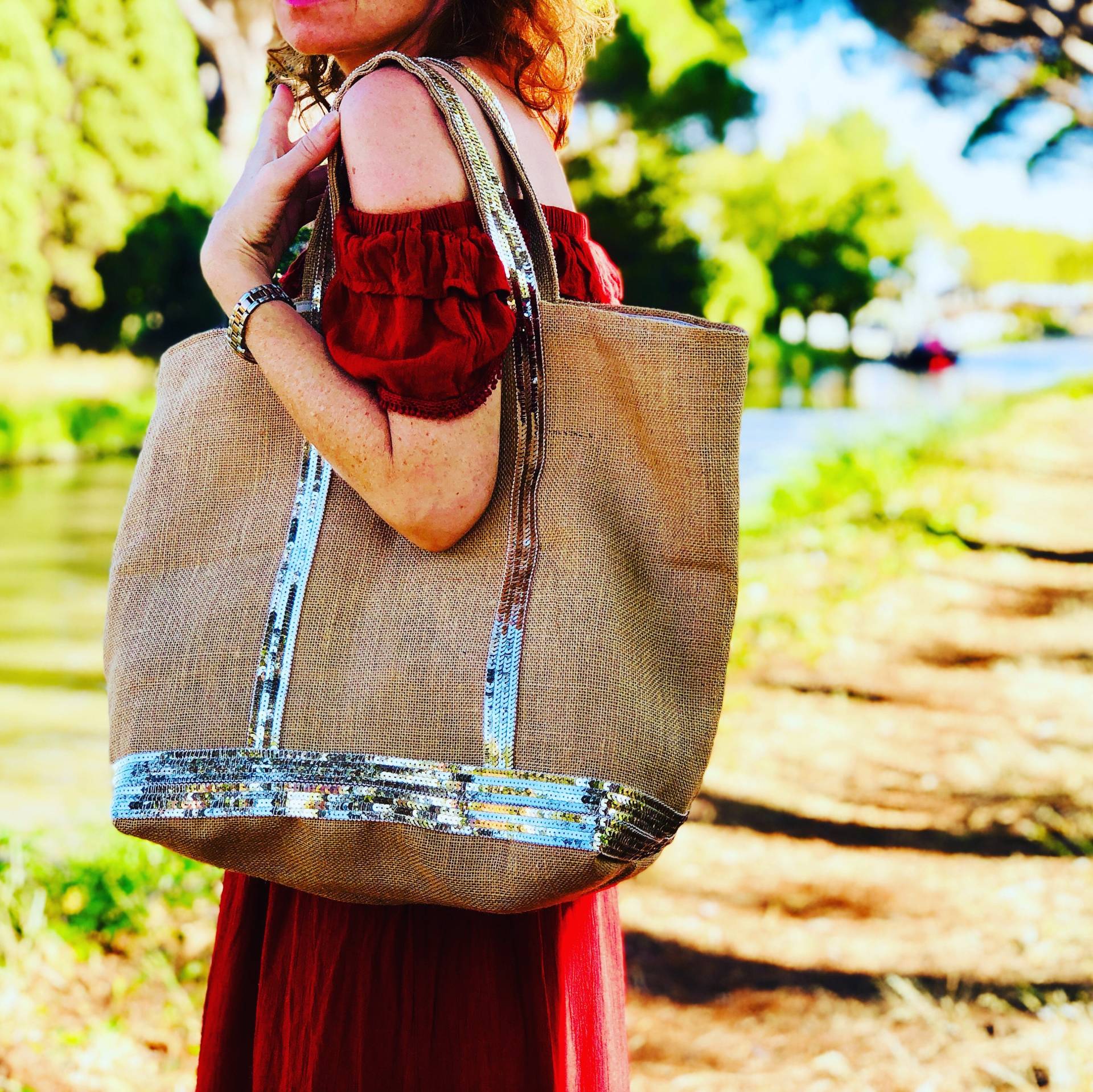 Jutetasche, Sommer-strandtasche, Pailletten-Handtasche Jutetasche, Sommer-strandtasche, Pailletten-Handtasche von Cameliaforeverbags