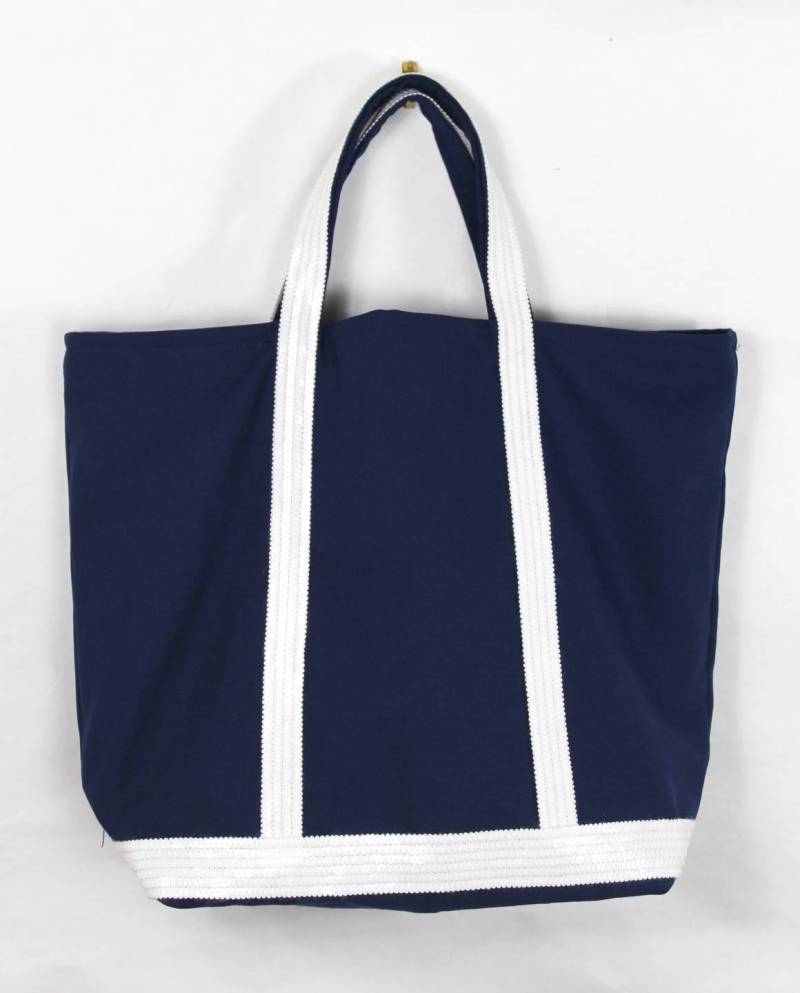Marineblaue Einkaufstasche Aus Baumwollcanvas Und Weißen Pailletten von Cameliaforeverbags