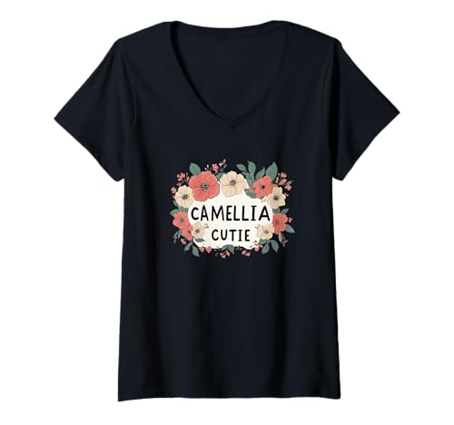 Damen Süße Blumenkrone mit Kamelie für Erwachsene und Kinder T-Shirt mit V-Ausschnitt Damen Süße Blumenkrone mit Kamelie für Erwachsene und Kinder T-Shirt mit V-Ausschnitt von Camellia Flower Outfit