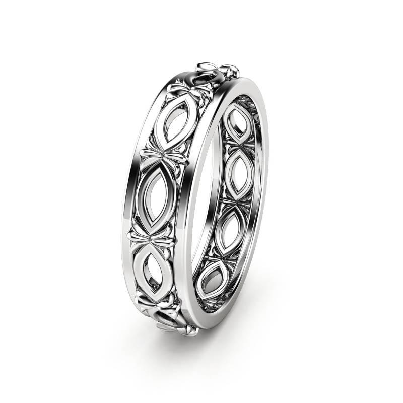 14K Weißgold Ehering Unisex Art Deco Filigraner Ring von CamelliaJewelry