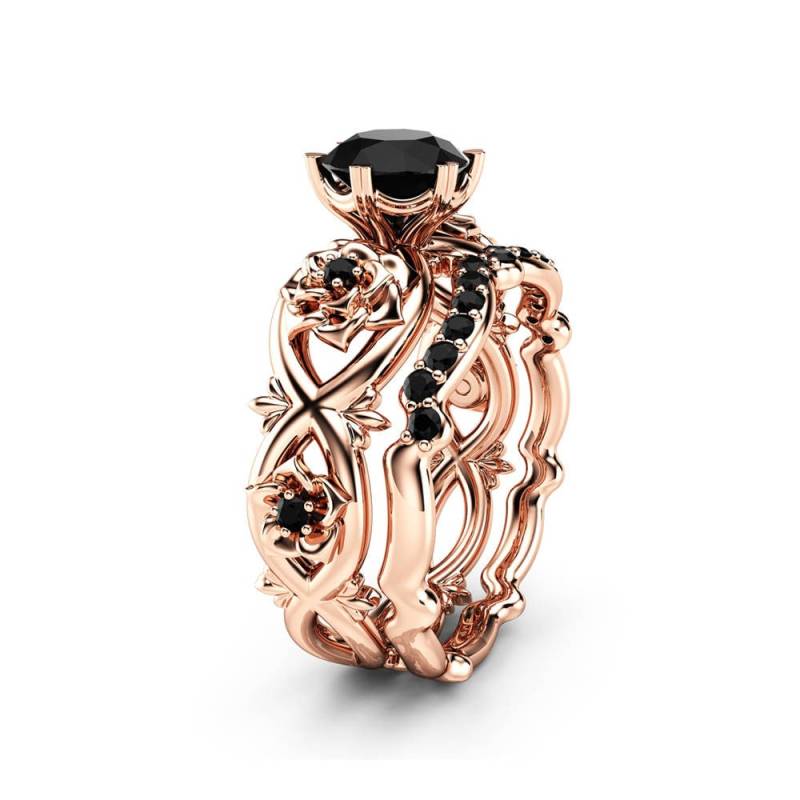 Black Diamond Verlobungsringe Set 14K Rosegold Blumen Ehering von CamelliaJewelry