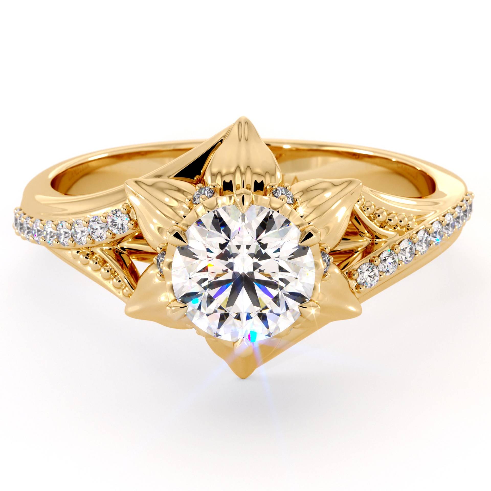 Goldene Lilie Moissanite Verlobungsring 14K Gold Natürliche Diamanten Halo Floral Ring von CamelliaJewelry
