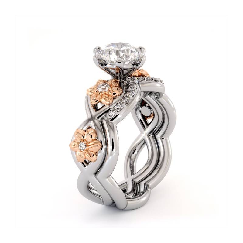 Lab Diamant Blume Verlobungsring Set 14K Weiß - & Roségold von CamelliaJewelry