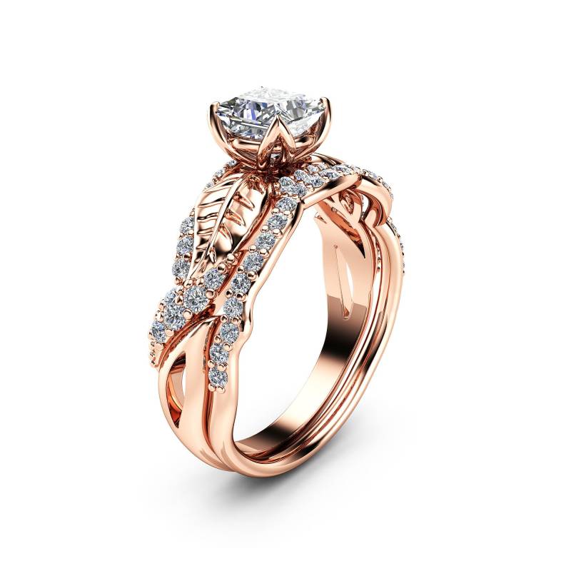 Moissanite Princess Cut Verlobungsring Set 14K Rosegold Blatt Eheringe von CamelliaJewelry