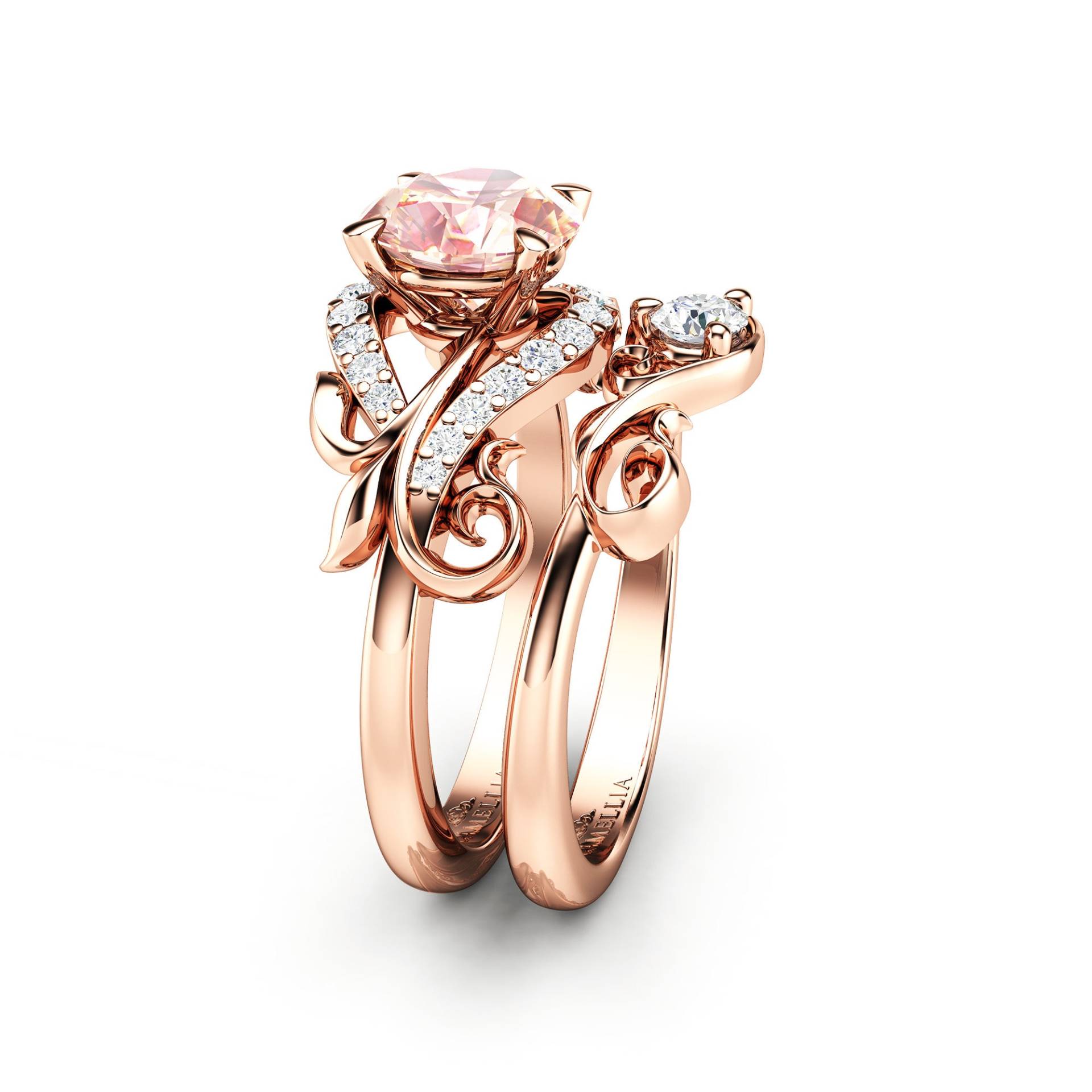 Morganit Verlobungsring Set 14K Rosegold Blatt Eheringe von CamelliaJewelry