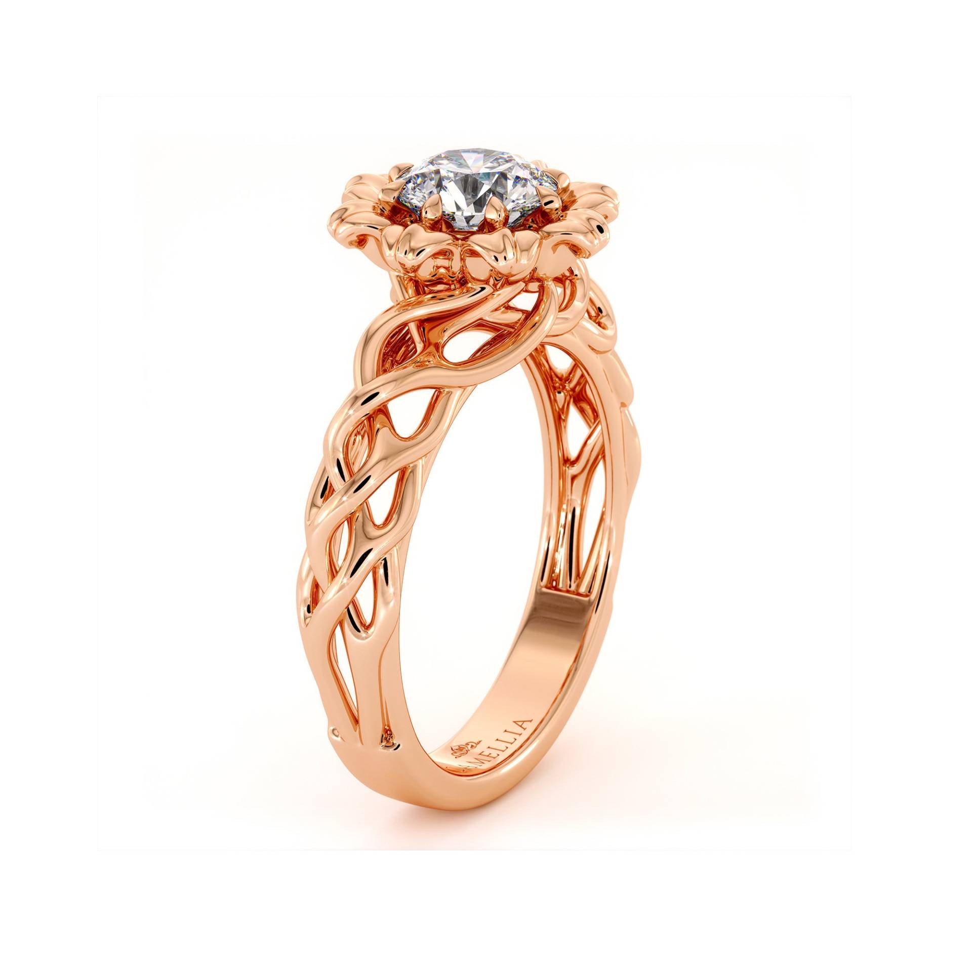 Octopetal Rose Gold Verlobungsring Einzigartiger Solitär Moissanite Ring von CamelliaJewelry