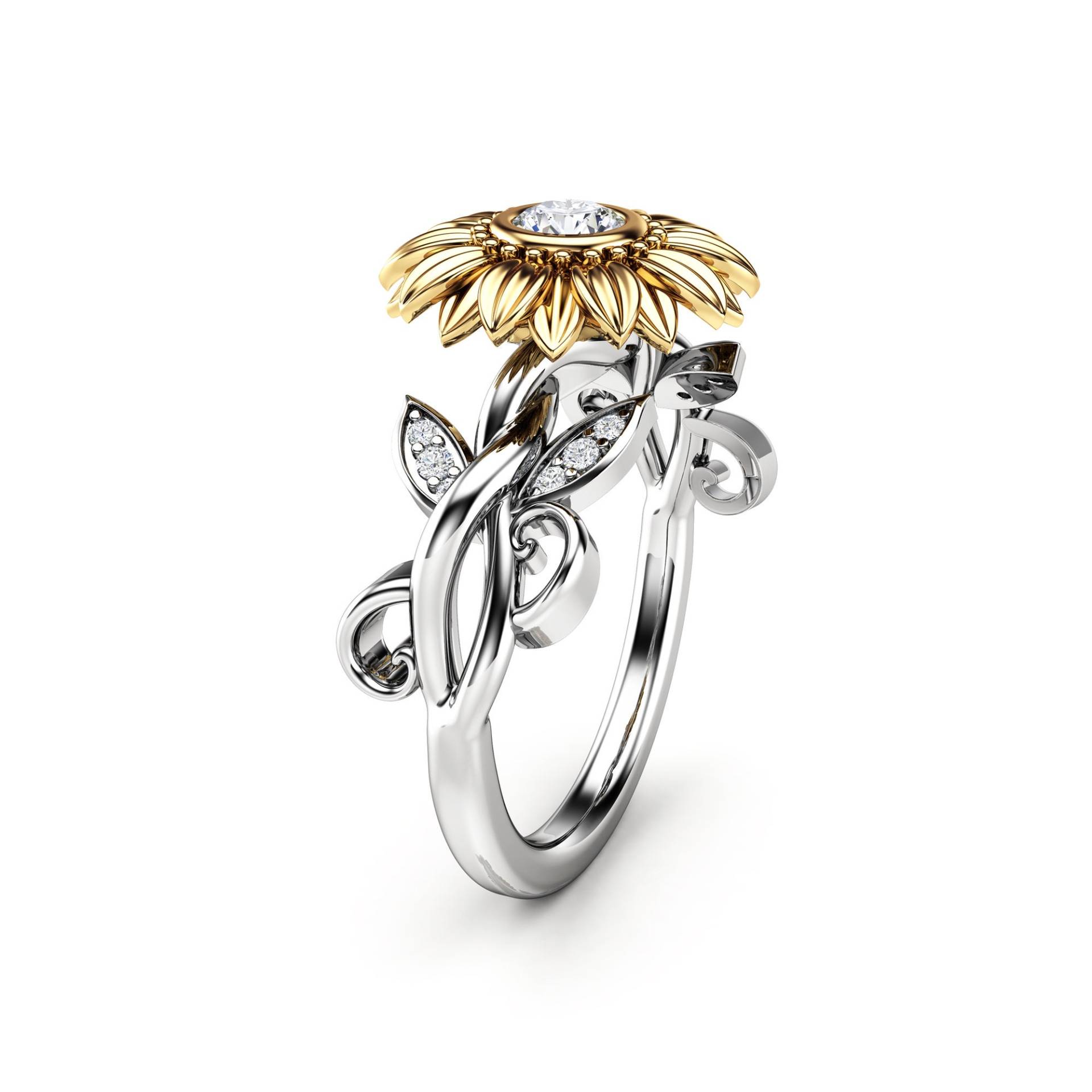 Sunflower Lab Zuchtdiamant Verlobungsring 14K Weiß & Gelbgold von CamelliaJewelry
