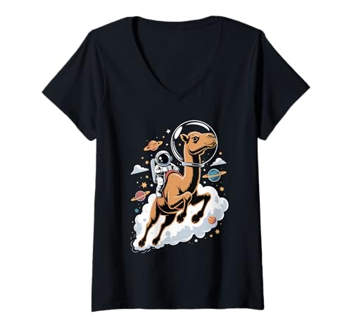 Damen Kamel Astronaut Kamele Planeten Sonnensystem T-Shirt mit V-Ausschnitt von Camels Lover Gifts