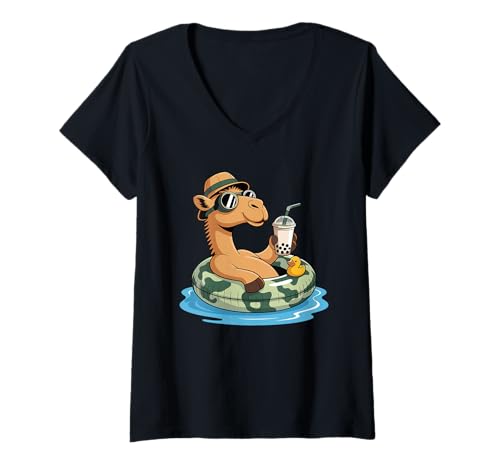 Damen Kamel Boba Perlen Milchtee Kamele T-Shirt mit V-Ausschnitt Damen Kamel Boba Perlen Milchtee Kamele T-Shirt mit V-Ausschnitt von Camels Lover Gifts