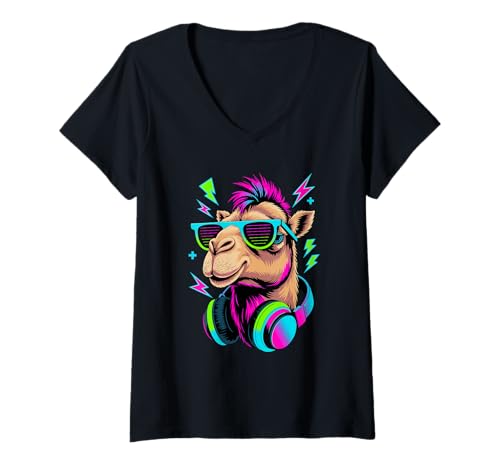 Damen Punk Ära Stil Kamel Sonnenbrille Kamele T-Shirt mit V-Ausschnitt von Camels Lover Gifts