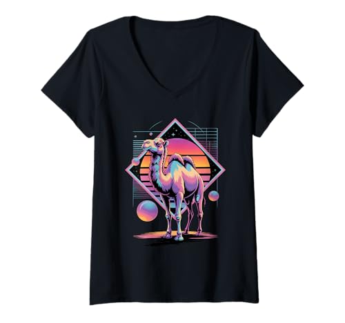Damen Retro Synthwave Kamel Kamele T-Shirt mit V-Ausschnitt von Camels Lover Gifts
