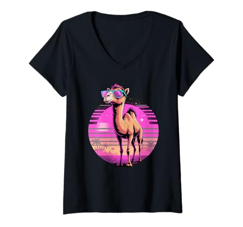 Damen Retro Synthwave Kamel Sonnenbrille Kamele T-Shirt mit V-Ausschnitt Damen Retro Synthwave Kamel Sonnenbrille Kamele T-Shirt mit V-Ausschnitt von Camels Lover Gifts
