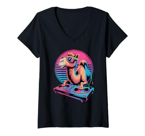 Damen Synthwave Kamel DJ Sonnenbrille Kamele T-Shirt mit V-Ausschnitt von Camels Lover Gifts