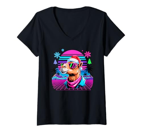 Damen Weihnachten Synthwave Kamel Sonnenbrille Kamele T-Shirt mit V-Ausschnitt von Camels Lover Gifts