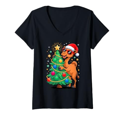 Damen Weihnachtsbaum Kamel Sonnenbrille Kamele T-Shirt mit V-Ausschnitt von Camels Lover Gifts