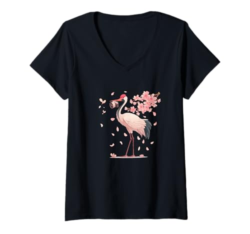 Damen Hübscher Kranich mit Sakura-Blumen und Kamerakostüm T-Shirt mit V-Ausschnitt Damen Hübscher Kranich mit Sakura-Blumen und Kamerakostüm T-Shirt mit V-Ausschnitt von Camera Crane Outfit
