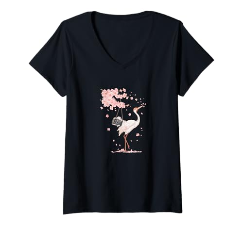 Damen Japanischer Kran im Japan Look mit Cooler Kamera T-Shirt mit V-Ausschnitt Damen Japanischer Kran im Japan Look mit Cooler Kamera T-Shirt mit V-Ausschnitt von Camera Crane Outfit