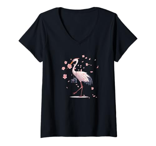 Damen Schöner Kran mit Kamera im Japan Style T-Shirt mit V-Ausschnitt Damen Schöner Kran mit Kamera im Japan Style T-Shirt mit V-Ausschnitt von Camera Crane Outfit