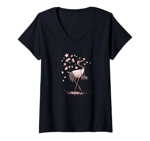 Damen Schöner japanischer Kranich mit Blumen und Kamera T-Shirt mit V-Ausschnitt Damen Schöner japanischer Kranich mit Blumen und Kamera T-Shirt mit V-Ausschnitt von Camera Crane Outfit