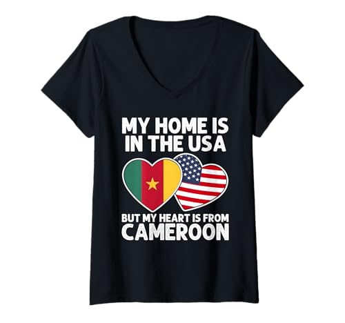 Damen Mein Zuhause USA Mein Herz Kamerun Cameroonian American Pride T-Shirt mit V-Ausschnitt Damen Mein Zuhause USA Mein Herz Kamerun Cameroonian American Pride T-Shirt mit V-Ausschnitt von Cameroon Pride Flag Apparel