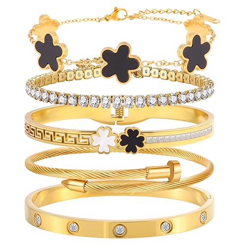 Camhanno 18 Karat vergoldetes vierblättriges Kleeblatt-Armband für Frauen – Edelstahl, läuft nicht an, trendiges Armreif-Set, Glücksbringer-Schmuck, Weihnachten, Valentinstag, Geburtstag, Geschenke Camhanno 18 Karat vergoldetes vierblättriges Kleeblatt-Armband für Frauen – Edelstahl, läuft nicht an, trendiges Armreif-Set, Glücksbringer-Schmuck, Weihnachten, Valentinstag, Geburtstag, Geschenke von Camhanno