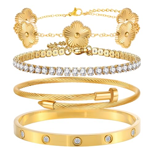 Camhanno Goldfarbenes Kleeblatt-Armband für Damen, Edelstahl, läuft nicht an, trendiges Schmuckgeschenk für Freundin, Ehefrau zu Weihnachten, Valentinstag und Geburtstag, Medium, Edelstahl Camhanno Goldfarbenes Kleeblatt-Armband für Damen, Edelstahl, läuft nicht an, trendiges Schmuckgeschenk für Freundin, Ehefrau zu Weihnachten, Valentinstag und Geburtstag, Medium, Edelstahl von Camhanno