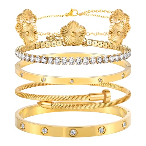 Stapelbares Gold-Armband-Set für Damen, 18 Karat vergoldeter Edelstahl, Kristall-Armreif und Kleeblatt-Armband-Kollektion, 7.0 Inches, 18 Karat vergoldeter Edelstahl, Kristall Stapelbares Gold-Armband-Set für Damen, 18 Karat vergoldeter Edelstahl, Kristall-Armreif und Kleeblatt-Armband-Kollektion, 7.0 Inches, 18 Karat vergoldeter Edelstahl, Kristall von Camhanno